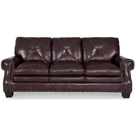 Traditional Dark Leather Stationary Sofa with Nailhead Accents